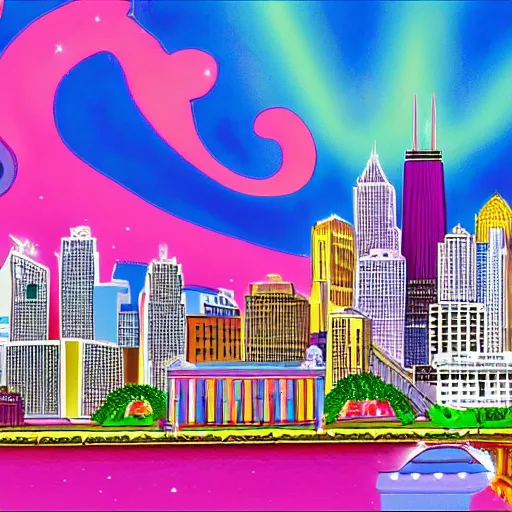 Image similar to queen of michigan invades chicago, illustrated by lisa frank, wide angle, scenic, radiant