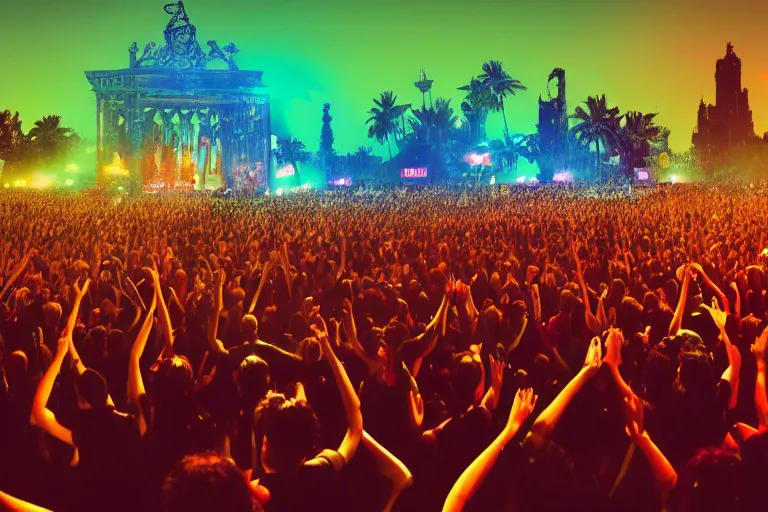 Image similar to a huge crowd partying with their hands up at a festival, silhouette, digital art, vivid colors, trending on artstation, 4k, unreal engine, intricate, ornate