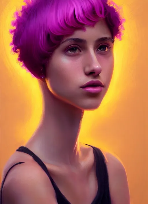 Image similar to portrait of teenage vanessa morgan with bright pink hair, vanessa morgan, curly pixie cut hair, wearing a purple breton cap, breton cap, hoop earrings, intricate, elegant, glowing lights, highly detailed, digital painting, artstation, concept art, smooth, sharp focus, illustration, art by wlop, mars ravelo and greg rutkowski