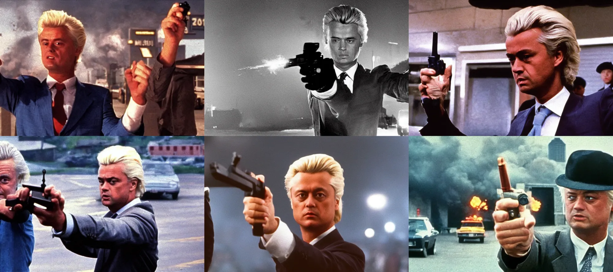 Prompt: Geert Wilders pointing a pistol at the camera, explosion in the background, in a scene from the movie Hard Boiled 1992 directed by John Woo