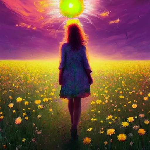 Image similar to giant daisy flower as a head, girl walking in flower field, surreal photography, sunrise, dramatic light, impressionist painting, colorful clouds, digital painting, artstation, simon stalenhag