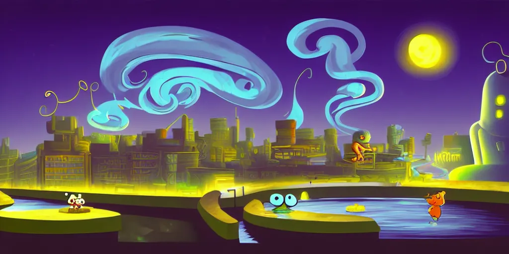 Prompt: nightscape chubby cartoon concept art, wall with drain on the edge of the river, spiral clouds, sam and max, liquid smoke