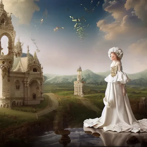 Image similar to a sweet queen with a white large magnificent more and more vaporous ,wrapped ,hight decorated, detailed ,white roses cotton cream dress shooting surrounded by a wonderful renaissance landscape background, octane,3d, surrealism 8k