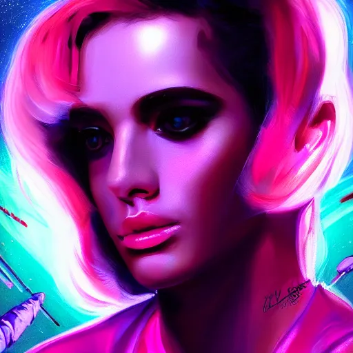 Prompt: a beautiful portrait painting of a 2 4 year old woman retrowave space explorer, synthwave trending on artstation.