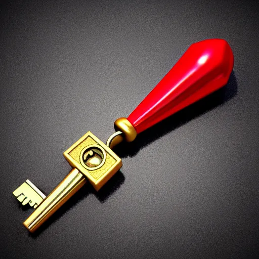Prompt: a 3d game object of the metal key, very realistic, with large red diamond in it, it is very detailed, on the white background, rpg game inventory item