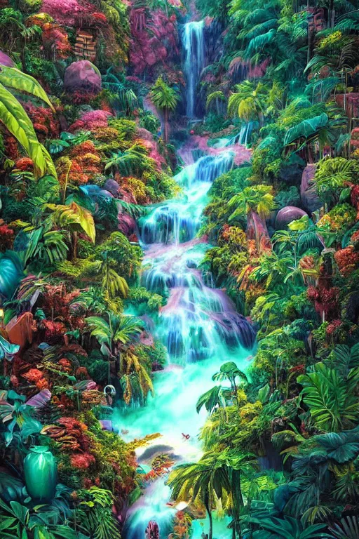 Prompt: aerial view of a colorful jungle with rivers and waterfalls, by artgerm, tom bagshaw, gerald brom, vaporwave colors, lo - fi colors, vaporwave, lo - fi, moody vibe, goth vibe, full body, rendered by substance designer, cel shading, toon shading, smooth,