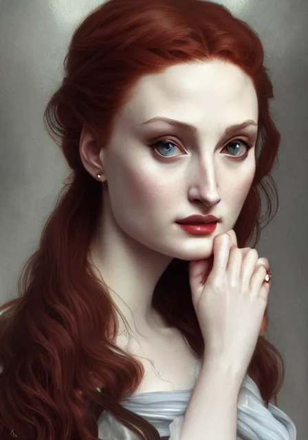 Image similar to sansa angeline jolie gessica chastain vampire teeth, intricate, elegant, highly detailed, digital painting, artstation, concept art, smooth, sharp focus, illustration, art by artgerm and greg rutkowski and alphonse mucha and william - adolphe bouguereau