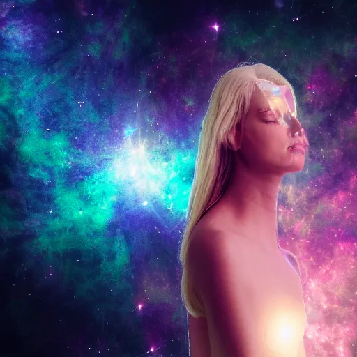 Prompt: transparent interdimensional woman made of nebula in space with hubble background, vray, 5 5 mm