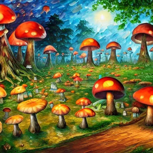 Prompt: forest village with mushroom houses, glowing fungi, art by james christensen, rob gonsalves, paul lehr, leonid afremov and tim white