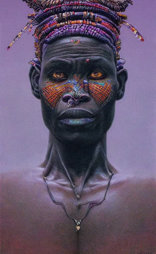 Image similar to portrait of african tribal chief, symmetrical, dramatic lighting, colourful, art by zdzislaw beksinski,