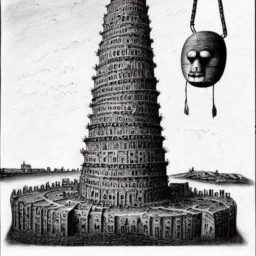 Prompt: the tower of babel, dark cartoon scene by charles addams