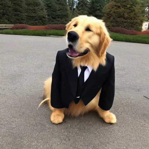 Image similar to a golden retriever wearing a suit