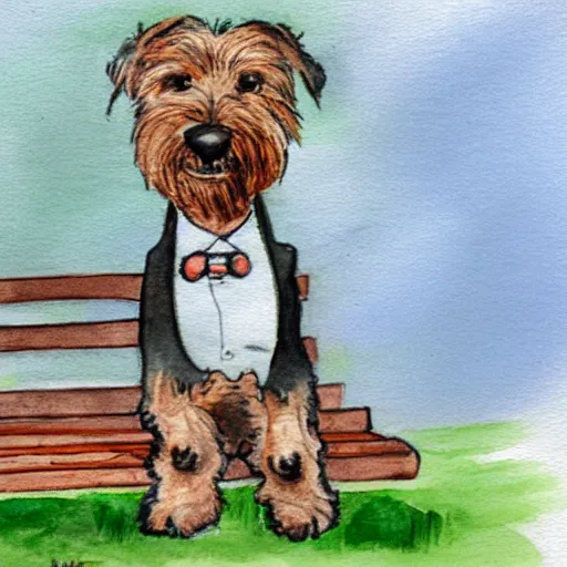 Prompt: a carin terrier wearing a suit, sitting on a park bench in central park, watercolor