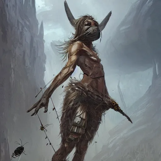Image similar to a skinny weak hunter from Stone Age, trying to survive surrounded by bees Greg Rutkowski and Raymond Swanland, Trending on Artstation, cloudy background, ultra realistic digital art