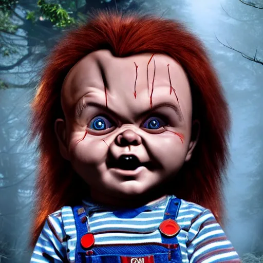 Image similar to chucky the doll in the woods foggy digital art 4 k detailed super realistic