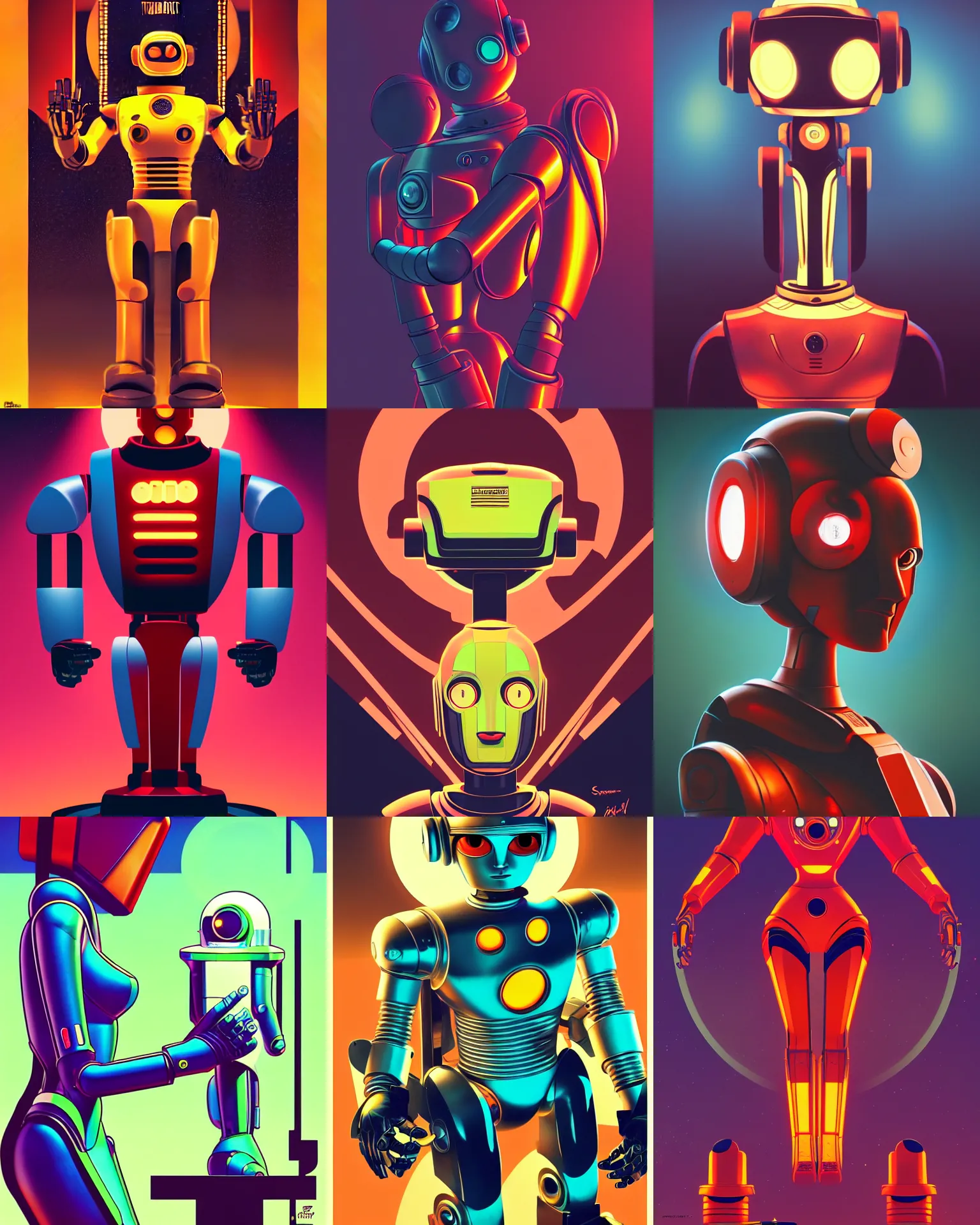 Prompt: robbie the robot, forbidden planet, retro futurism, by stanley artgerm, dramatic lighting, ilya kuvshinov, trending on artstation, flat colour, geometric curves, gradient filter, pleasing tone colours, art deco patterns