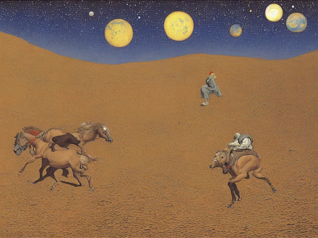 Image similar to portrait of a man with horse sleeping on the ground on mars. painting by limbourg brothers, moebius