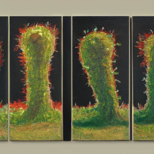 Prompt: a three panel painting with the stages of a tree's growth