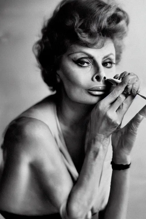 Prompt: professional studio photo of sophia loren passionately enjoying a pizza! margherita, closeup, portrait photo, diffuse light, black and white photo, 5 0 mm, soft focus, acclaimed, masterpiece