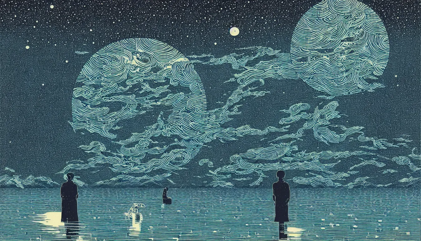 Image similar to standing in a lake looking at reflection of the night sky by woodblock print, nicolas delort, moebius, victo ngai, josan gonzalez, kilian eng