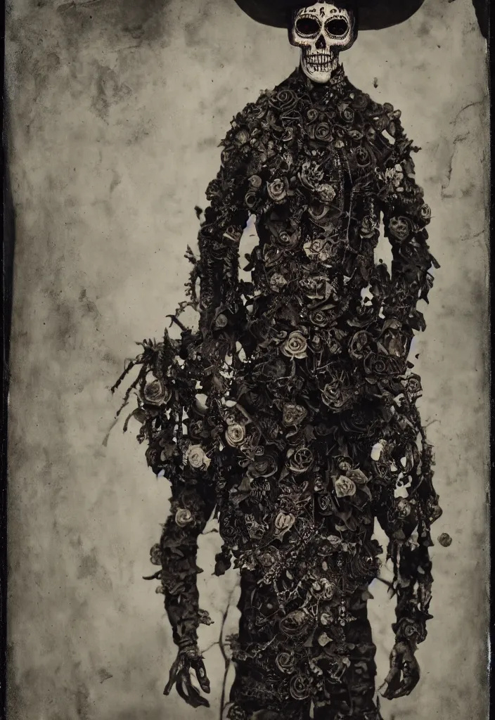 Image similar to tintype full body view, man in dia de muertos suit and make up, horrific beautiful vibe, evocative, atmospheric lighting, painted, intricate, highly detailed,