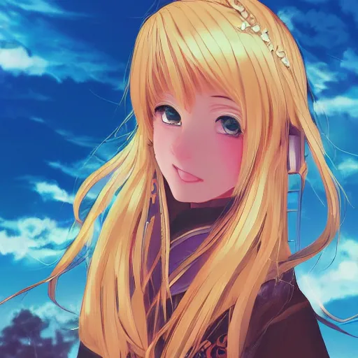 Image similar to blonde - haired princess, anime princess, wearing casual clothing, golden hour, partly cloudy sky, red clouds, orange sky, old town, strong lighting, strong shadows, vivid hues, ultra - realistic, sharp details, subsurface scattering, intricate details, hd anime, 2 0 1 9 anime