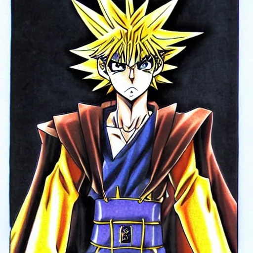 Image similar to portrait anime, manga drawing of yugi muto versus sauron by kazuki takahashi