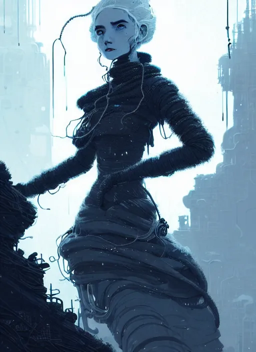 Prompt: highly detailed portrait of a frostpunk long curly white hair tribal lady, stray wiring by atey ghailan, james gilleard, by joe fenton, by greg rutkowski, by greg tocchini, by kaethe butcher, 4 k resolution, gradient blue, black and white color scheme!!! ( ( glaciated robotic dystopian city background ) )