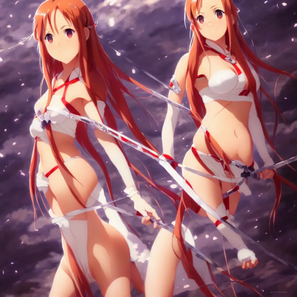 Image similar to beautifu photo of asuna from sao, asuna by a - 1 pictures, by greg rutkowski, gil elvgren, enoch bolles, glossy skin, pearlescent, anime, maxim magazine, very coherent