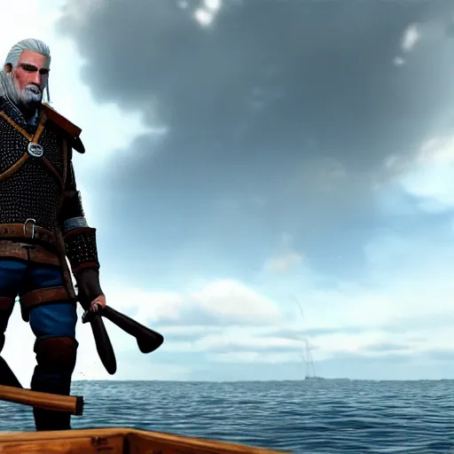 Image similar to geralt of rivia on a boat