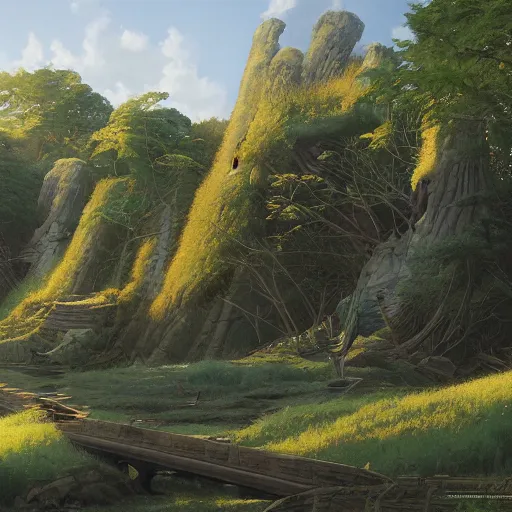 Image similar to reclaimed by nature by ralph mcquarrie, wallpaper, highly detailed, trending on artstation.