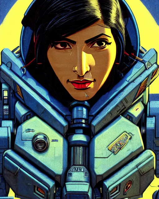 Image similar to pharah from overwatch, battletech, character portrait, portrait, close up, concept art, intricate details, highly detailed, vintage sci - fi poster, retro future, vintage sci - fi art, in the style of chris foss, rodger dean, moebius, michael whelan, and gustave dore