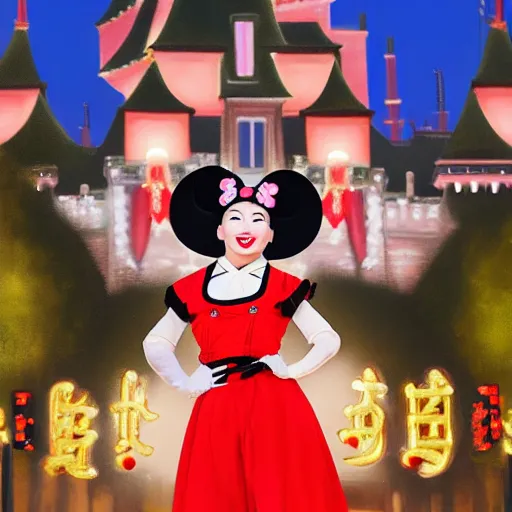 Image similar to beautiful bald chinese woman with pinup makeup wearing disneyland mouse ears standing in front of the disneyland castle at night, oil painting, highly detailed, theatrical lighting, sharp focus