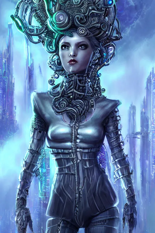 Prompt: ultradetailed realistic RPG cosplay airbrushed digital art portrait-illustration of a !!!!!!!!beautiful symmetrical eerie Medusa wearing cyberpunk clothes and an armor with much decorum!!!!!!!! standing next to bioluminiscent otherworldly towers in a three quarters pose in a sci-fi cityscape, epic poster art, 3D rim light, octane render, artstationHQ