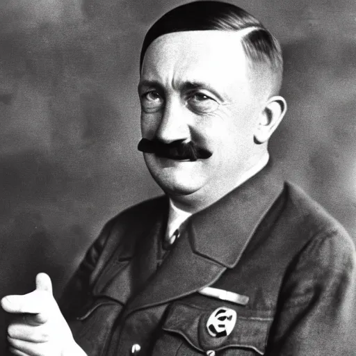 Image similar to high definition photo Hitler smirking while pointing up with one finger, 4k