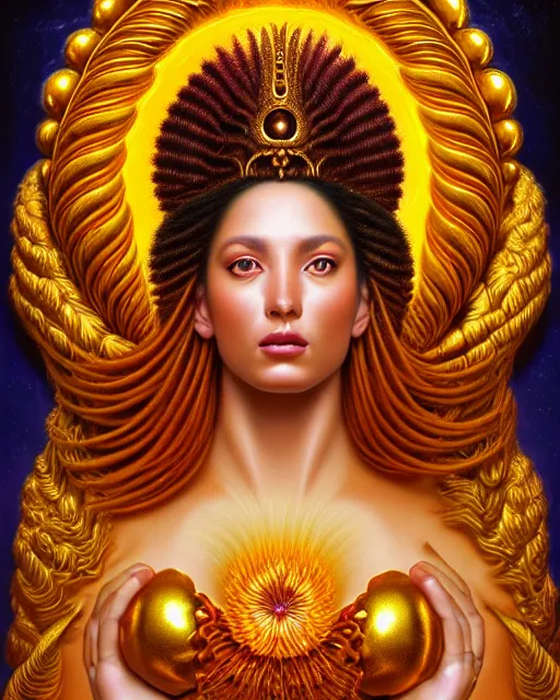 Prompt: portrait of the goddess of golden fire, unusual beauty, flowers and plants, emotionally evoking symbolic metaphors, head in focus, fantasy, ornamental, intricate, elegant, sensual, highly detailed digital painting, artstation, concept art, painterly, golden ratio, sharp focus, illustration, art by John William Godward and Boris Vallejo and Zdzisław Beksiński,