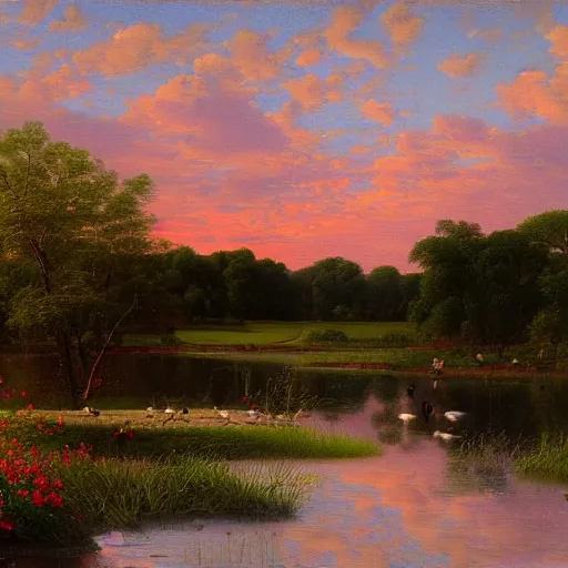 Prompt: a painting of a duck pond at sunset, surrounded by flower bushes, a detailed matte painting by Robert S. Duncanson, deviantart, hudson river school, terragen, pink clouds, pastel sky, trending on artstation
