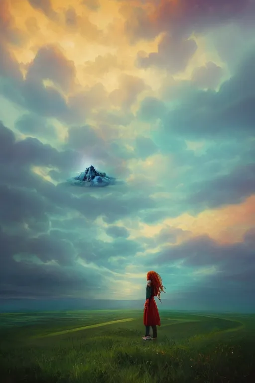 Image similar to perspective giant dahlia flower as head, girl standing on mountain, surreal photography, blue storm clouds, dramatic light, impressionist painting, digital painting, artstation, simon stalenhag