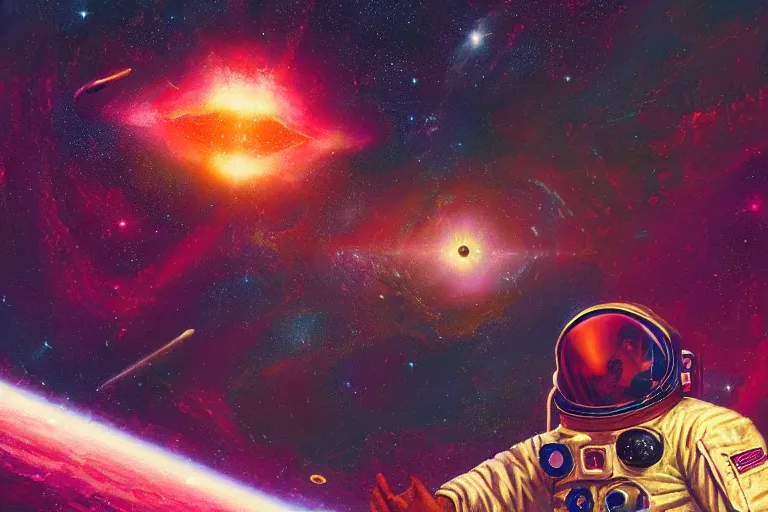 Image similar to digital painting of an astronaut in space, by paul lehr and vincent di fate, highly detailed, intricate, sharp focus, science fiction, galaxies, stars, supernova, black hole, galaxy, planet, void, artstation, cinematic lighting, trippy, retrofuturism