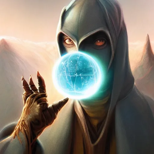 Image similar to rogue male wearing a cloak on an alien world and holding a holographic planet projection in his hand, masked face, detailed, sci - fi, digital painting, artstation, sharp focus, illustration, artgerm, tomasz alen kopera, peter mohrbacher, donato giancola, joseph christian leyendecker, wlop, frank frazetta