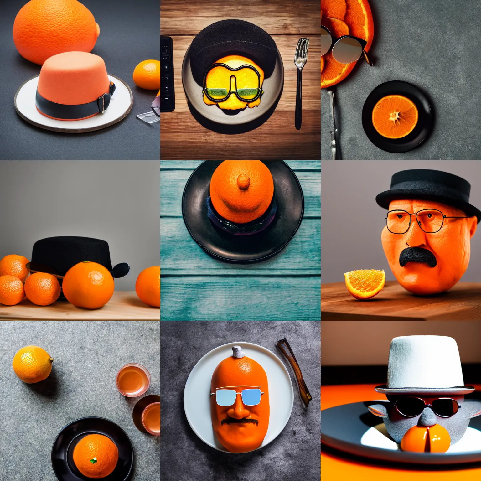 Prompt: an orange that looks like walter white, wearing bowler hat and sunglasses, sitting on a table, food photography 4 k