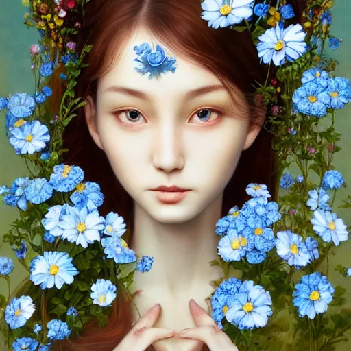 Image similar to breathtaking detailed concept art painting of the goddess of nemophila flowers, orthodox saint, with anxious, piercing eyes, ornate background, amalgamation of leaves and flowers, by Hsiao-Ron Cheng, James jean, Miho Hirano, Hayao Miyazaki, extremely moody lighting, 8K