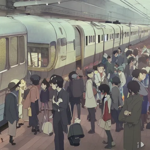 Image similar to A crowded old train station, in which instead of trains there are helicopters, by Dice Tsutsumi, Makoto Shinkai, Studio Ghibli