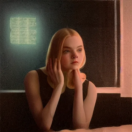 Prompt: Elle Fanning in a glass of water in the world of Jamie Coreth, head and shoulders portrait, stormy weather, extremely detailed masterpiece, oil on canvas, low-key neon lighting, artstation, Blade Runner 2049, Roger Deakin’s cinematography, by J. C. Leyendecker and Peter Paul Rubens and Edward Hopper and Michael Sowa,