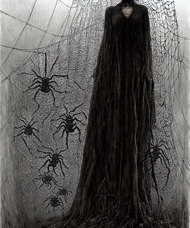 Prompt: a woman standing all covered in spiders. illustration of arachnophobia, fear of spiders, incredible amount of spiders and bugs. extremely high details, realistic, horror, creepy, web, masterpiece, art by zdzislaw beksinski, arthur rackham, dariusz zawadzki