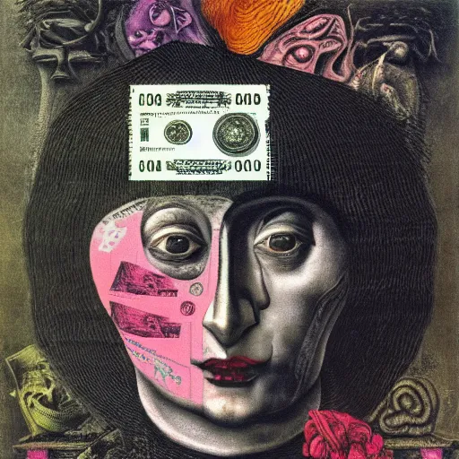 Image similar to post - punk new age album cover, asymmetrical design, dollar bank notes, capitalism, magic, apocalypse, psychedelic, black white pink, magic, giger h. r., giuseppe arcimboldo