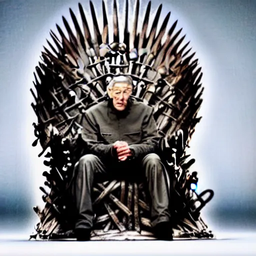 Image similar to a tv still of ian mckellen, as a king wearing an over - sized crown, sitting on the iron throne