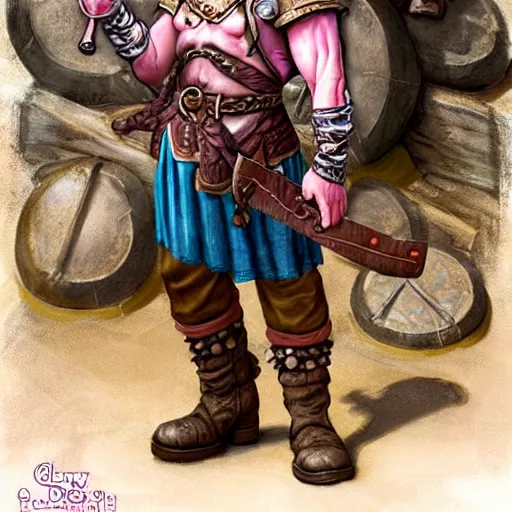 Prompt: male dwarfish cleric wearing only boots and a pink skirt, holding a holy symbol, he is preaching, he looks like he is insane. the background is a friendly tavern. The mood is friendly and welcoming. dungeons and dragons, highly detailed, digital painting, artstation, concept art, sharp focus, illustration, art by Josh kirby and John romita jr and moebius