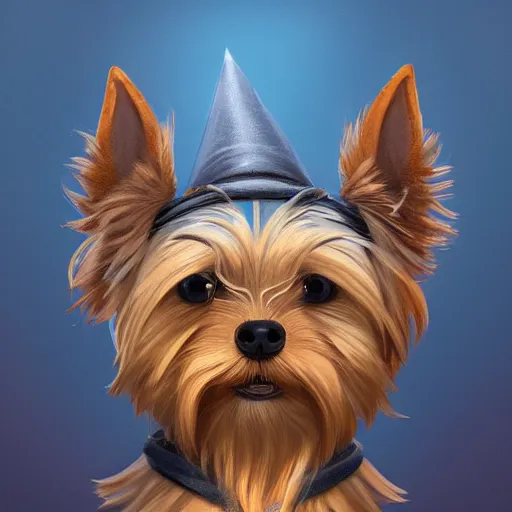 Prompt: a cute yorkshire terrier wizard, 30mm, by Noah Bradley trending on ArtStation, deviantart, high detail, stylized portrait