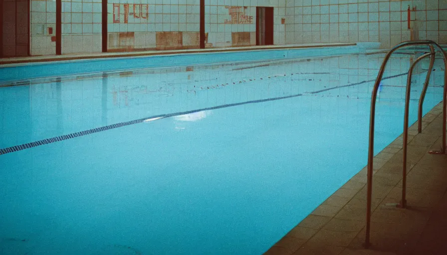 Image similar to 1 9 6 0 s movie still of empty blue tiles swimmingpool, cinestill 8 0 0 t 3 5 mm, high quality, heavy grain, high detail, panoramic, ultra wide lens, cinematic composition, dramatic light, flares, anamorphic, liminal space style